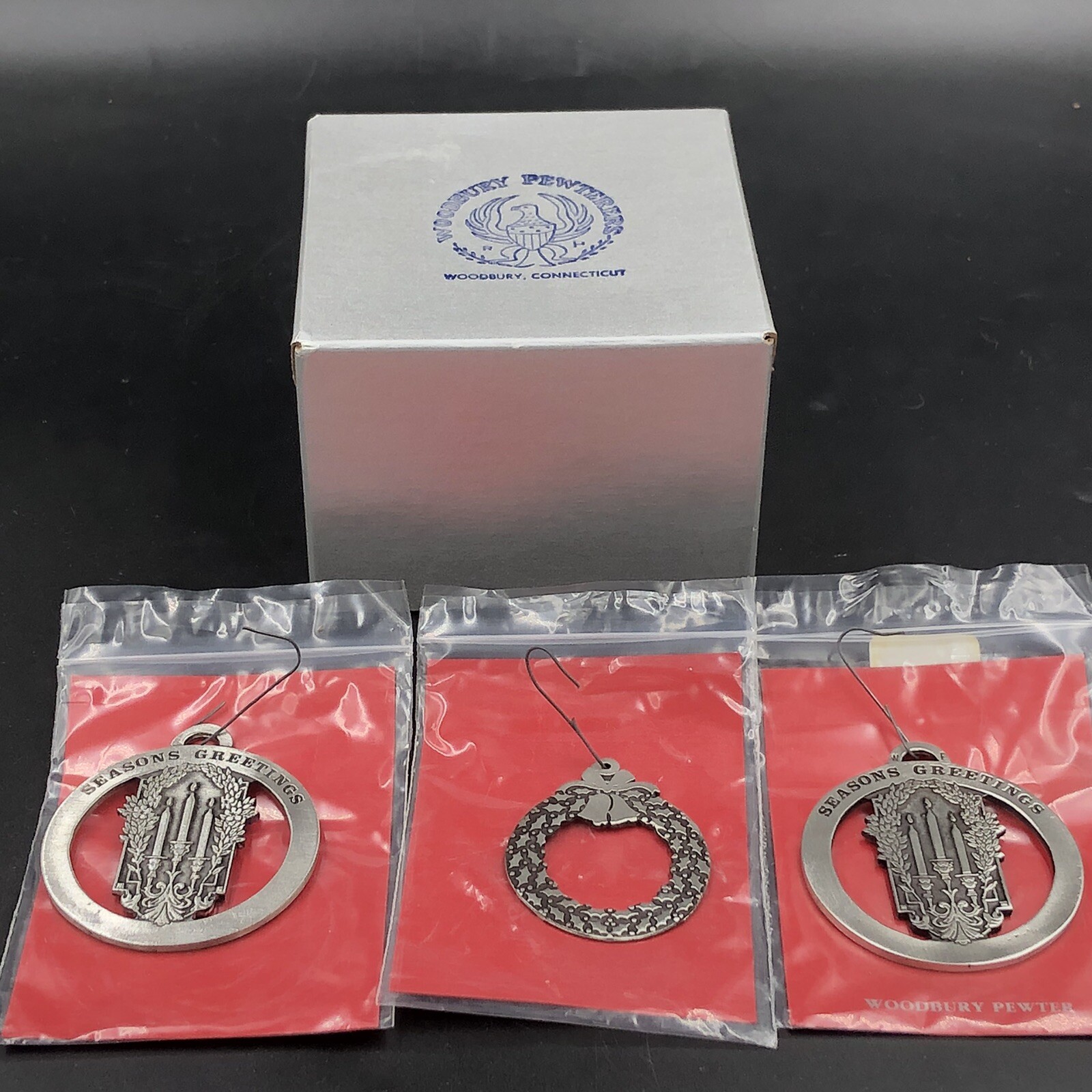 Lot Of 3 Woodbury Pewter Christmas Ornaments Wreath Seasons Greetings