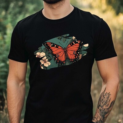 Mens Butterfly Flower Print Cotton T-Shirt Size XS to 5XL
