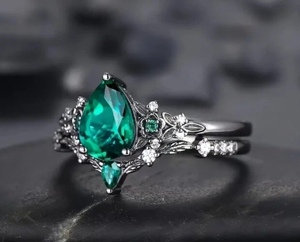 Anel feminino tamanho 7 verde elegante cor prata Syn Cz pedras 2 peças vintage - Imagem 3 de 4