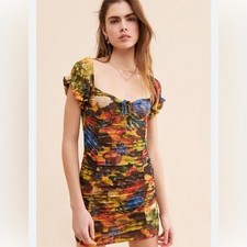 Urban Outfitters Artsy Fruit Print Ruched Mesh Mini Dress Small Funky Boho