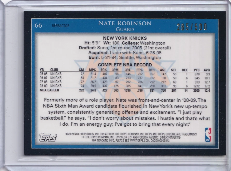 Nate Robinson 2009-10 Topps Chrome #66 Refractor #/500 Dunk Contest - Image 2 of 2