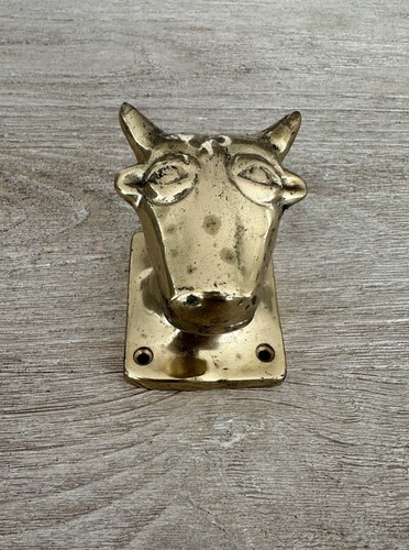 Vintage Brass Bull Cow Head Towel Hook Hanger Wall Door Pull Farm Kitchen Patina