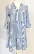 Blue White Striped Tiered Mini Dress Womens XS V Neck Ruffle Sleeve SHEIN