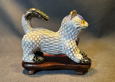 Vintage Brass and Enamel Cloisonne Stretching Cat Figurine with Rosewood Stand