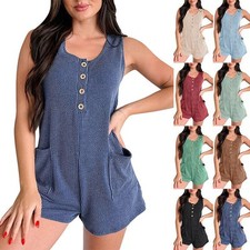 New Ladies Summer Stripe Casual Cami Jumpsuit Pocket Shorts Rompers Playsuit