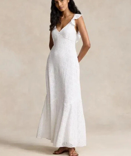Polo Ralph Lauren Eyelet Open Back Ruffle Maxi Dress Size 10 White 100% Cotton