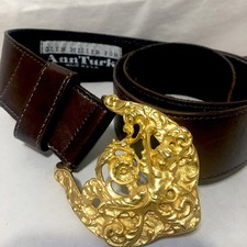 80  s Leather Belt with Gold Cherub Buckle by Glen Miller For Ann Turk Sm Rare