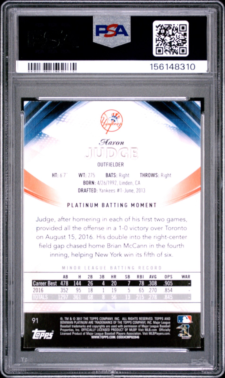 2017 BOWMAN PLATINUM #91 AARON JUDGE ROOKIE RC PSA 8 view 2
