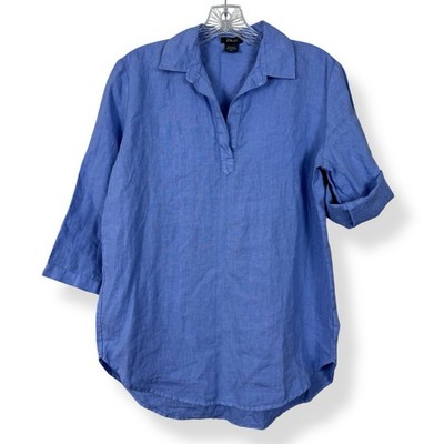 Pure Amici Linen Top Womens Size XS Blue 3/4 Roll Tab Sleeves