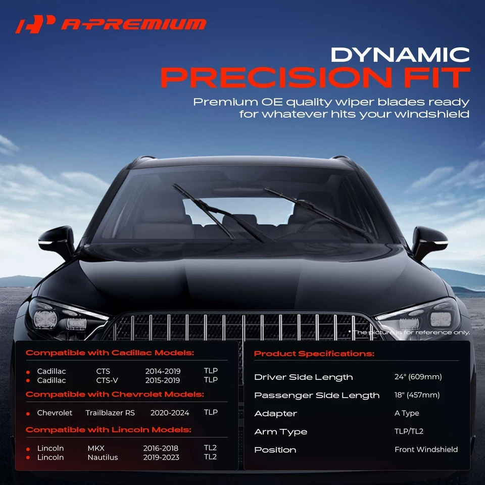 A-Premium 2Pcs Front 24" & 18" Windshield Wiper Blades for Cadillac CTS Chevy - Image 2 of 4