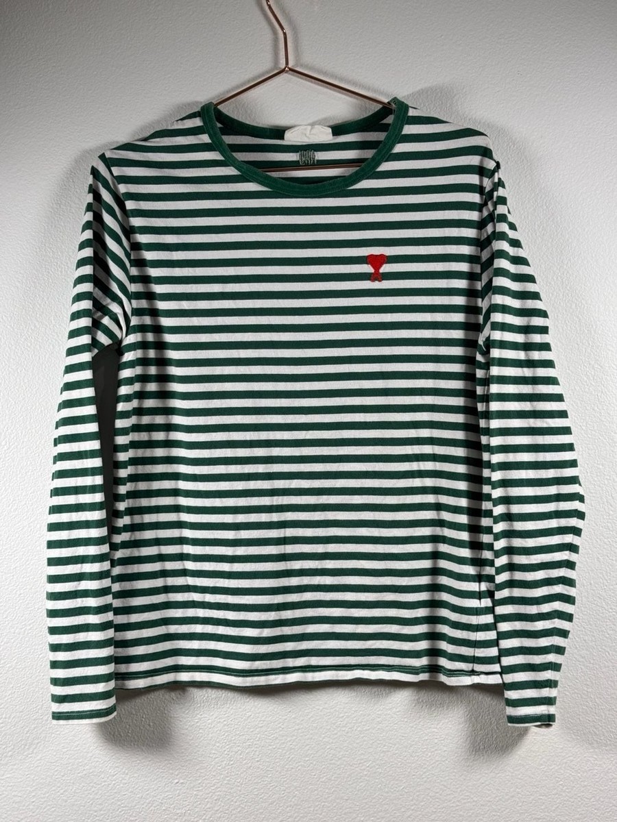 AMI Paris Ami de Coeur Striped Long Sleeve T-Shirt in Green/White Organic Cotton View 4