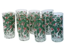 Rare Set of 7 West Virginia Glass Vtg Snowy Holly berry Christmas Tumblers 12 oz