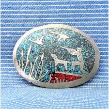 Bird Hunter Belt Buckle Goose Sportsman Stone Chip Inlays Vtg 80s Artisan.TYC968