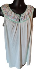 Vintage Komar Nightgown Large Nylon Teal Embroidered Floral Loungewear READ