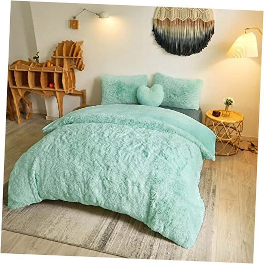 Luxury Shaggy Faux Fur Duvet Cover Set, Ultra Soft 2 Pieces Twin Aqua Green