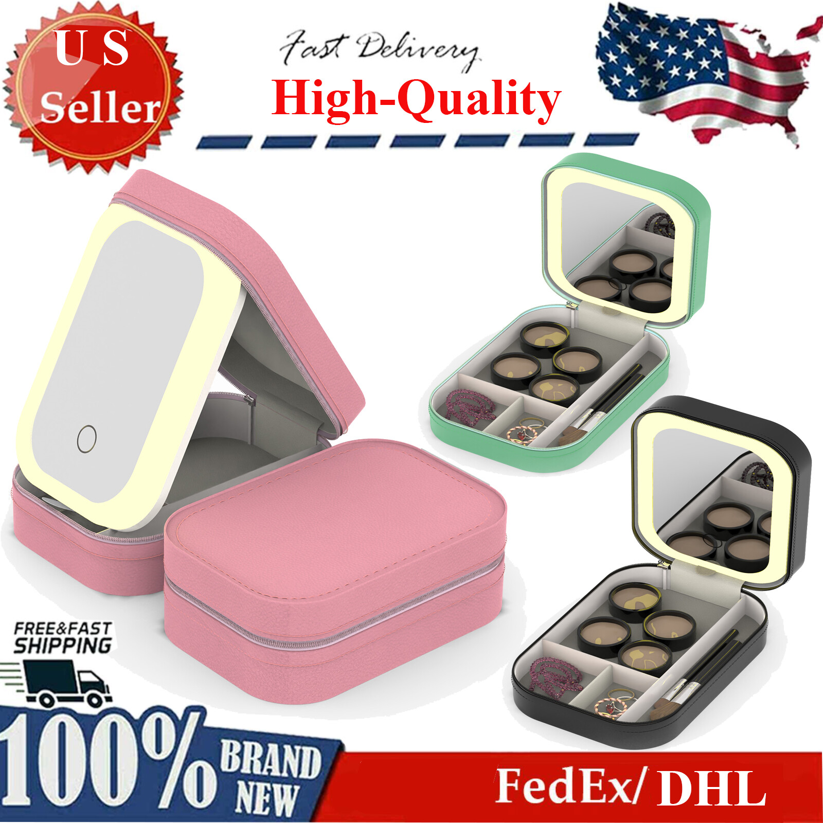 Portable Rechargeable LED Makeup Bag with Built-In Lighted Mirror-image