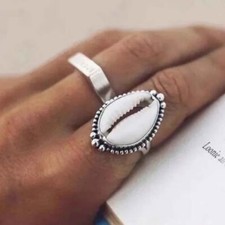 925 Sterling Silver Cowrie Shell Gemstone Band Ring Natural Shell Gift For Her