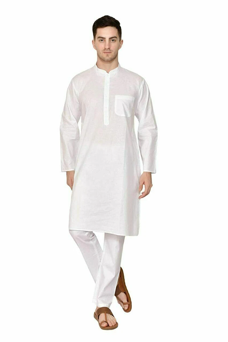 Cotton Fabric Kurta Pajama For Men Yoga Indian Clothing Traditional White Color