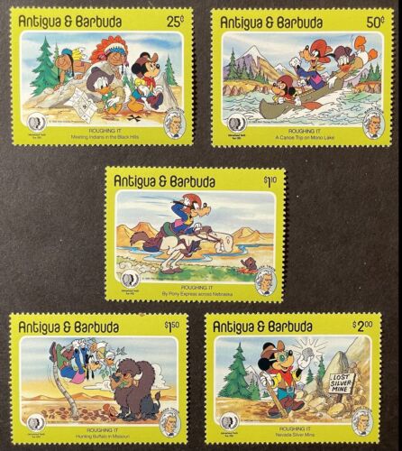 ANTIGUA MARK TWAIN DISNEY STAMPS SET OF 5 MNH 1985 ROUGHING IT CANOE MICKEY - Picture 1 of 1
