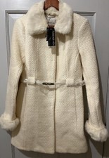 Forever New Cream Wool Blend Dana Belted Coat Detachable Faux Fur Trims Uk 10