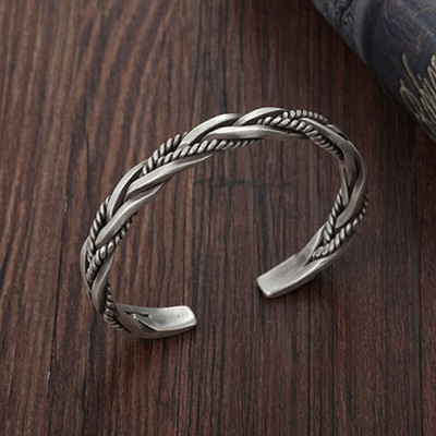 EENSYWEENSY Stainless Steel Wheat Braided Cuff Bracelet - Vintage Open Bangle For Men & Women