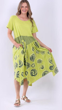 NEW ITALIAN LAGENLOOK LIME GREEN CIRCLE PRINT COTTON DRESS PLUS SIZE 14 - 20
