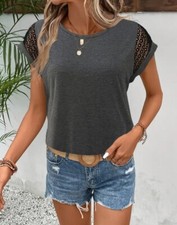 Women's Crew Neck Casual T Shirt / Blouse, Size M, L, Gray, Lace - L20