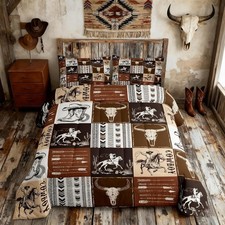 - Western Quilt Set, Southwestern Aztec Country Horse Cowboy Ranch Tribal Nat...