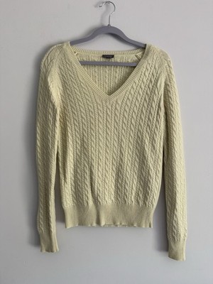 Ann Taylor Womens Cable Knit V-Neck Wool Cashmere Blend Sweater Lime Green SMALL