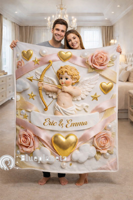Custom Cupid Rose Heart Valentine Blanket, Personalized Name Valentine Gift
