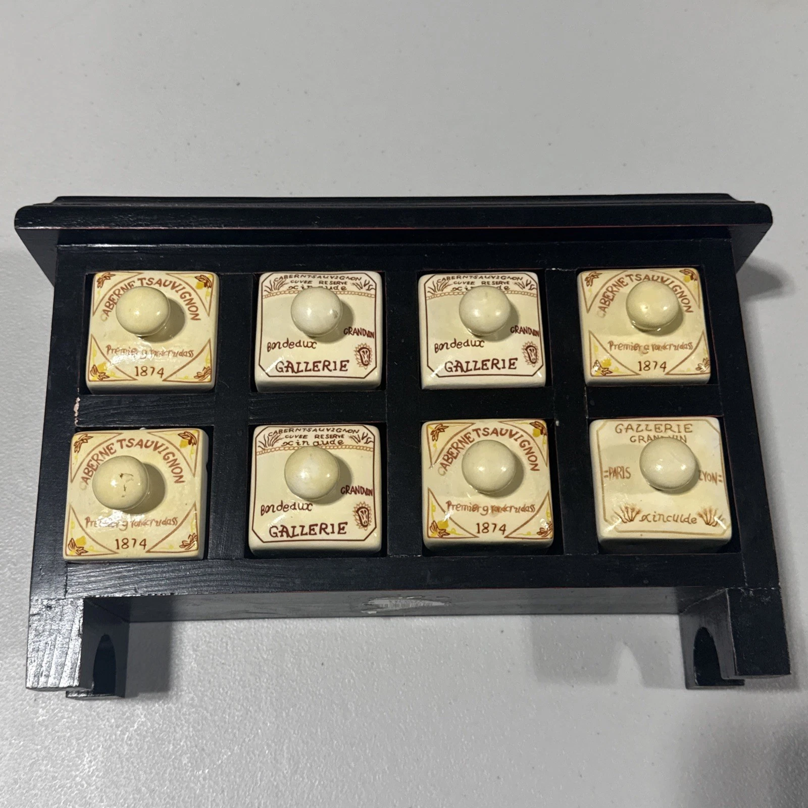 French Apothecary Spice Rack Porcelain 8 Drawers Wooden Box vintage wine themed