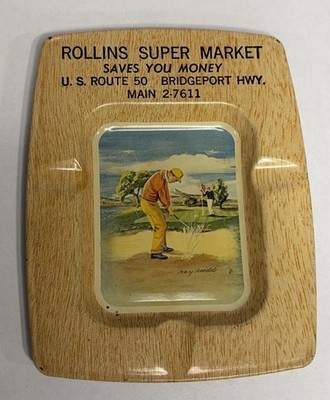 1950 s Tin Ashtray Golf Scene Rollins Supermarket Bridgeport WV Advertising