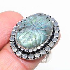 Natural Labradorite Gemstone Handmade 925 Sterling Silver Ring Size 9 US 