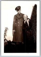 Vtg B W Snapshot Handsome Wwii Army Soldier In Greatcoat With Mother Home 1940s