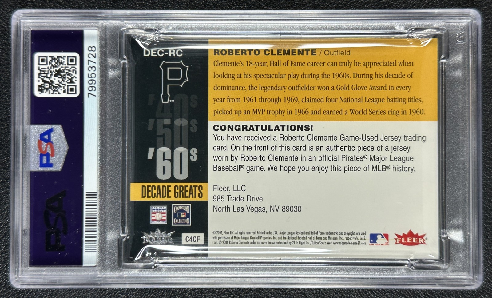 ROBERTO CLEMENTE PSA 2006 FLEER GREATS OF THE GAME DECADE MEMORABILIA GU JERSEY view 2