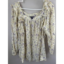 Chaps Women's Yellow Floral Square Neck Long Ruffle Top M Cottage Coquette