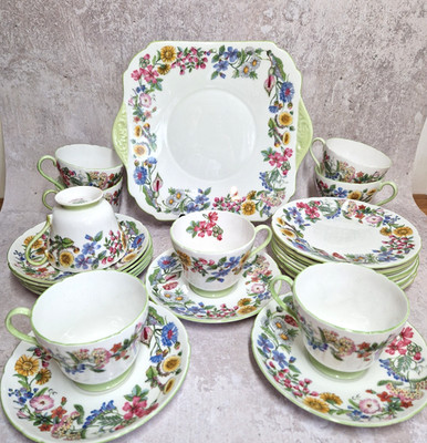 Shelley Bone China Teetasse mit Fuß & Untertasse Kuchenteller x 8 ''Hecke'' Bridgerton
