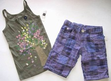 NEW Gap Kids Girls outfit M 8 tank shorts purple plaid Bermuda olive top t-shirt
