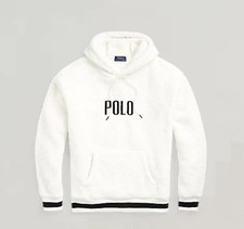 POLO RALPH LAUREN Men  s White Hi-Pile Sherpa  POLO  Logo Pullover Hoodie Large