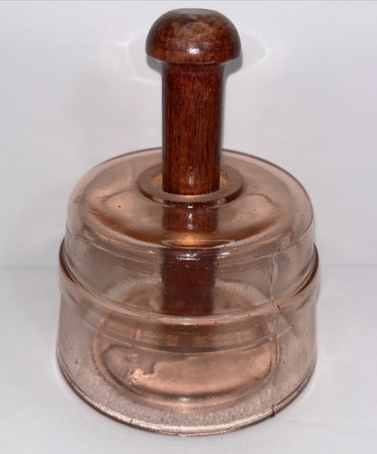 Antique Pink Depression Glass Butter Press Mold Cow Stamp Wood Handle RARE
