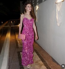 Zara Women's Printed Midi Dress Flowing Neck Ruffled Hem Purple Size L NEW