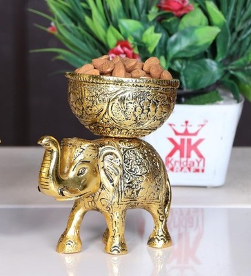 Metal Elephant Dry Fruit Bowl Showpiece Gold Polish Figurine Statue Artefact