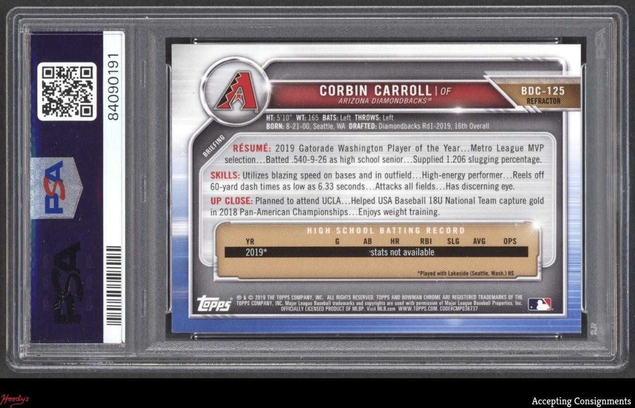 2019 Bowman Chrome Draft Refractor #BDC125 Corbin Carroll 1st Rookie PSA 10 GEM view 2