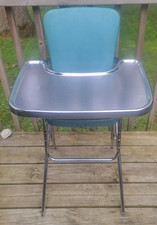 Vintage Cosco MCM Blue Vinyl Chrome Folding Highchair High Chair Retro Metal