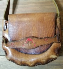 Vtg 70s Leather Tooled Saddle Bag Purse Brown Mushroom Distressed Hippie BOHO8x7