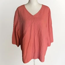 Hot Cotton Marc Ware Top Sz 2X Coral Linen Cotton V-Neck 3/4 Sleeve Slub Resort