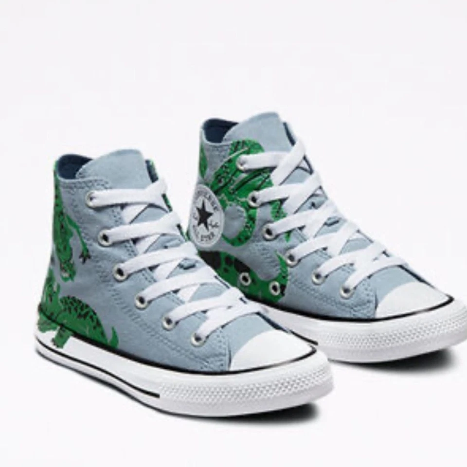 Zapatos Converse All Star High Top Niños Talla 3 Dinosaurio Gris Verde Lona Raro Foto 3 de 4