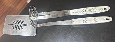 Flint Stainless 2pc Set Spatula Slotted Turner & Potato Masher Floral White