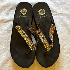 Yellow Box Women s Thong Sandals Platform Wedge Beaded Mosaic Black 8.5