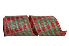 10 Yards 4 Inch Red Green Tartan Tony Metallic Plaid Wired Edge Ribbon